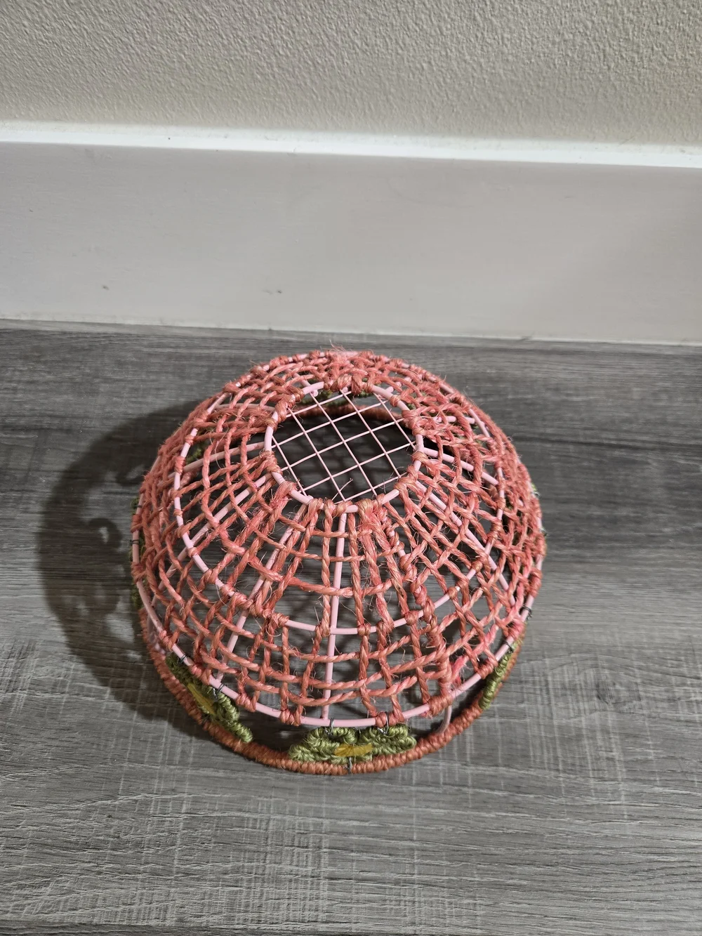 Handwoven Coral and Green Floral Accent Bowl